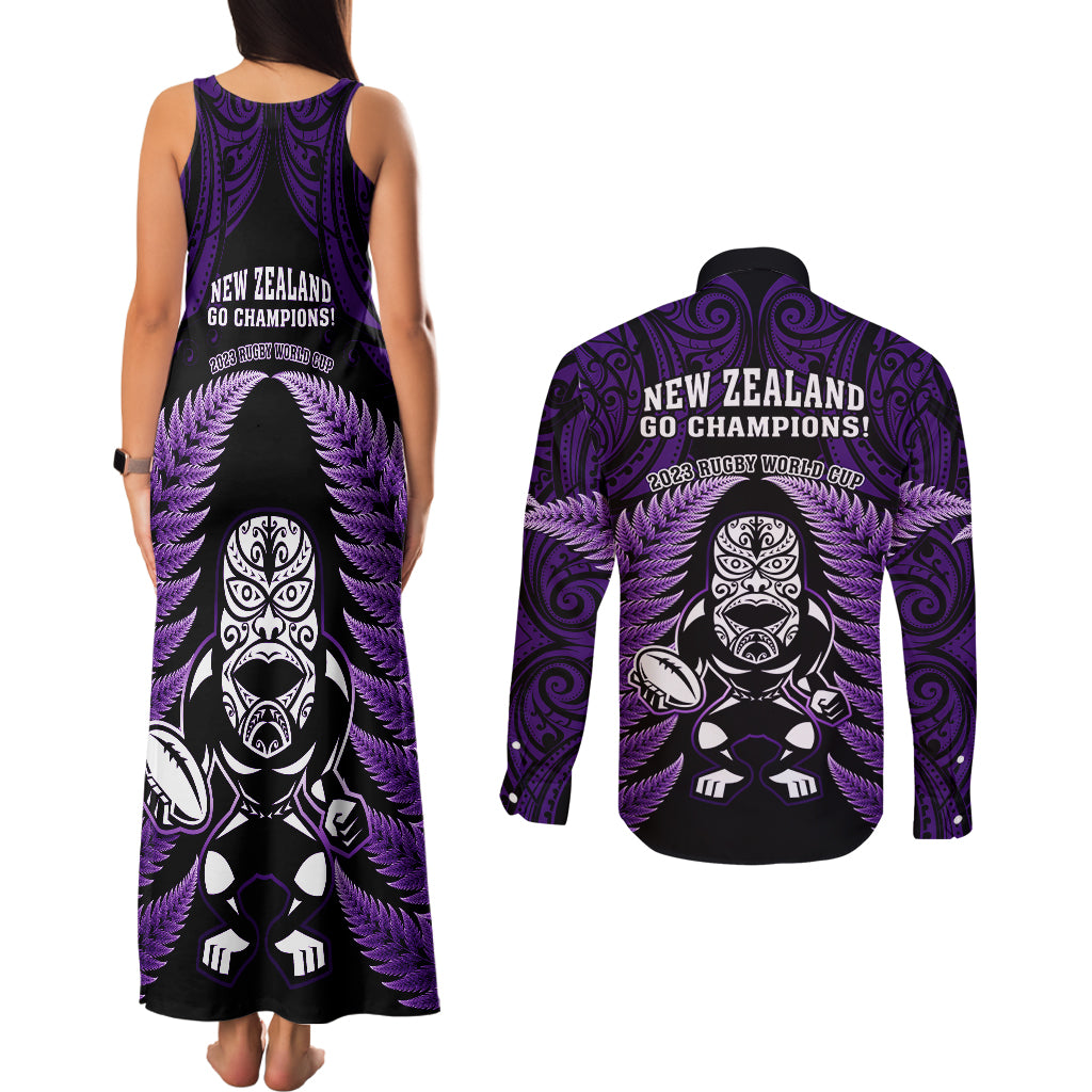 New Zealand Aotearoa Rugby Couples Matching Tank Maxi Dress and Long Sleeve Button Shirts NZ Tiki With Maori Fern World Cup Purple Version - Wonder Print Shop