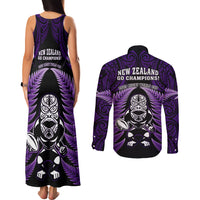 New Zealand Aotearoa Rugby Couples Matching Tank Maxi Dress and Long Sleeve Button Shirts NZ Tiki With Maori Fern World Cup Purple Version - Wonder Print Shop