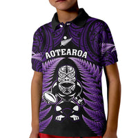 New Zealand Aotearoa Rugby Kid Polo Shirt NZ Tiki With Maori Fern World Cup Purple Version - Wonder Print Shop