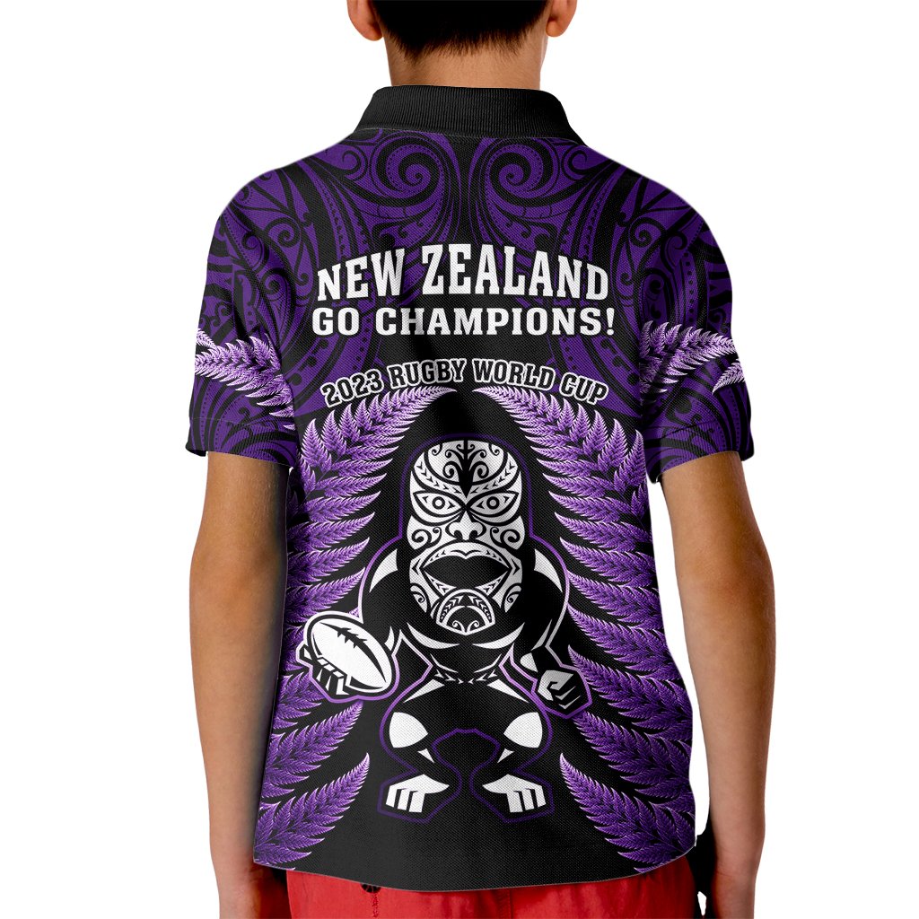 New Zealand Aotearoa Rugby Kid Polo Shirt NZ Tiki With Maori Fern World Cup Purple Version - Wonder Print Shop