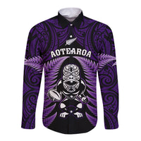New Zealand Aotearoa Rugby Long Sleeve Button Shirt NZ Tiki With Maori Fern World Cup Purple Version - Wonder Print Shop