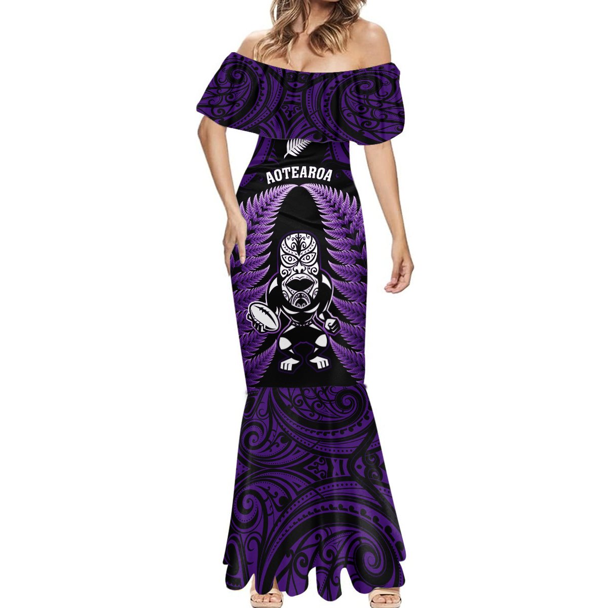 New Zealand Aotearoa Rugby Mermaid Dress NZ Tiki With Maori Fern World Cup Purple Version - Wonder Print Shop