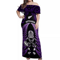 New Zealand Aotearoa Rugby Off Shoulder Maxi Dress NZ Tiki With Maori Fern World Cup Purple Version - Wonder Print Shop