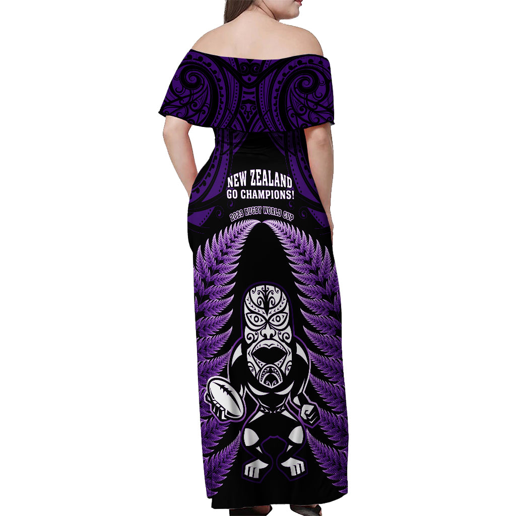 New Zealand Aotearoa Rugby Off Shoulder Maxi Dress NZ Tiki With Maori Fern World Cup Purple Version - Wonder Print Shop