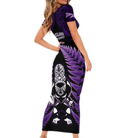 New Zealand Aotearoa Rugby Short Sleeve Bodycon Dress NZ Tiki With Maori Fern World Cup Purple Version - Wonder Print Shop