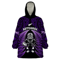 New Zealand Aotearoa Rugby Wearable Blanket Hoodie NZ Tiki With Maori Fern World Cup Purple Version - Wonder Print Shop