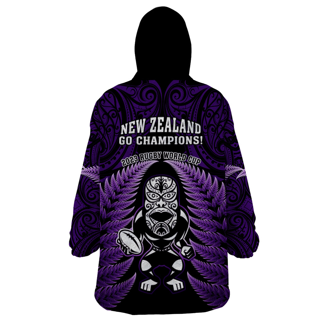 New Zealand Aotearoa Rugby Wearable Blanket Hoodie NZ Tiki With Maori Fern World Cup Purple Version - Wonder Print Shop