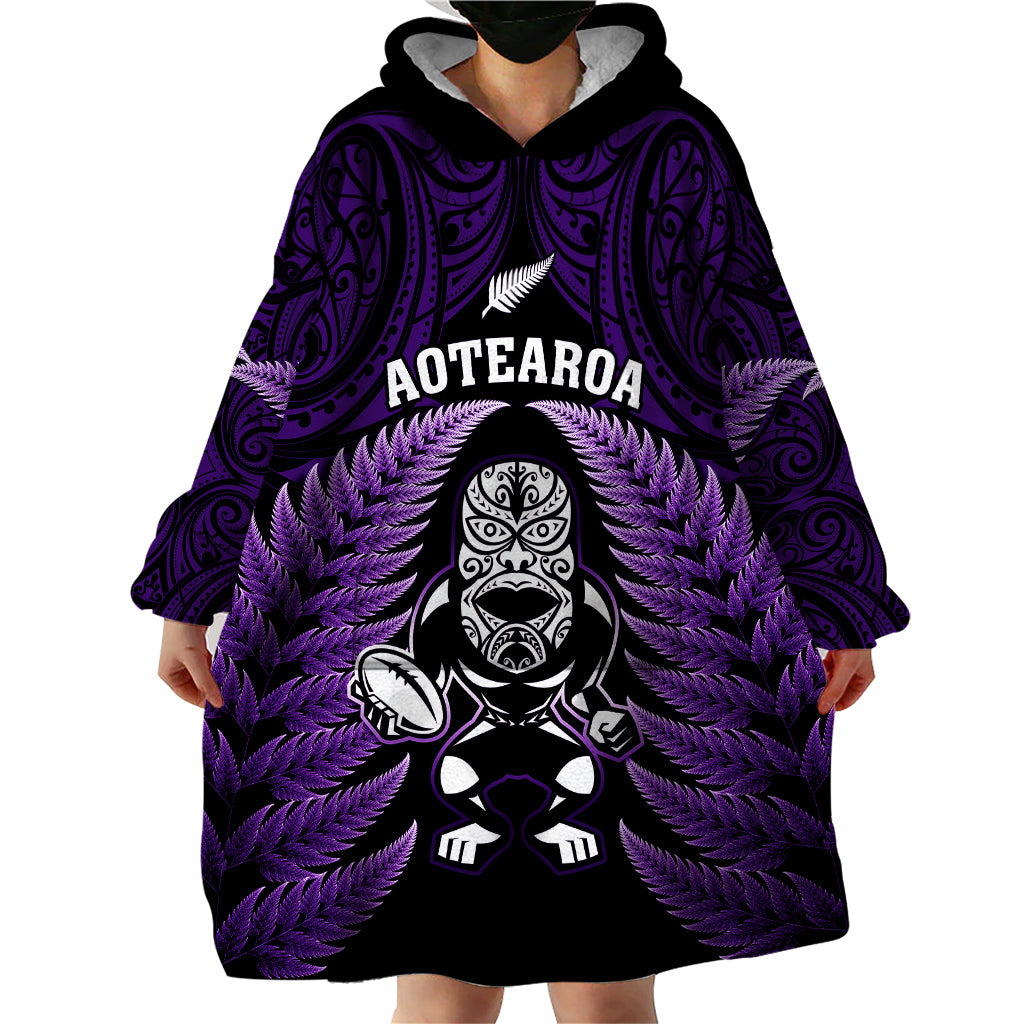 New Zealand Aotearoa Rugby Wearable Blanket Hoodie NZ Tiki With Maori Fern World Cup Purple Version - Wonder Print Shop