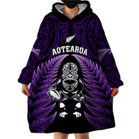 New Zealand Aotearoa Rugby Wearable Blanket Hoodie NZ Tiki With Maori Fern World Cup Purple Version - Wonder Print Shop