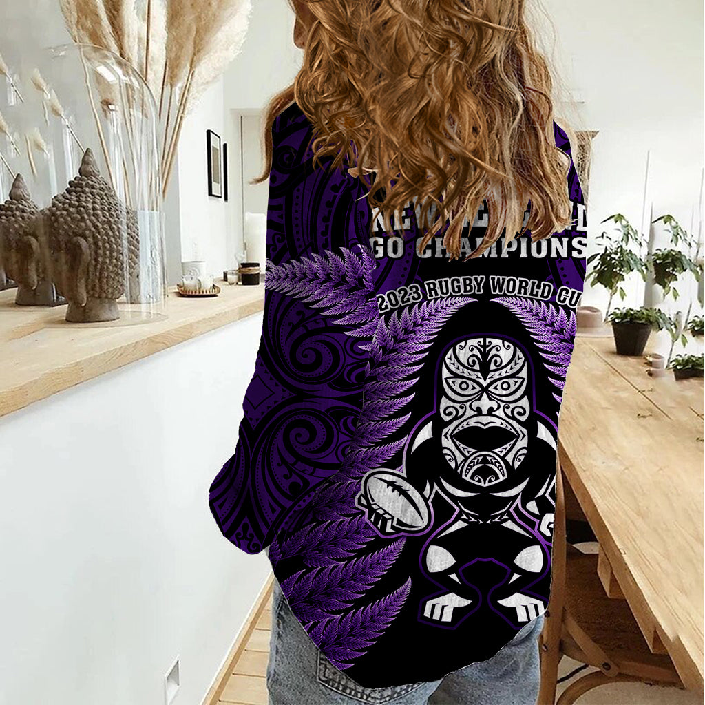 New Zealand Aotearoa Rugby Women Casual Shirt NZ Tiki With Maori Fern World Cup Purple Version - Wonder Print Shop