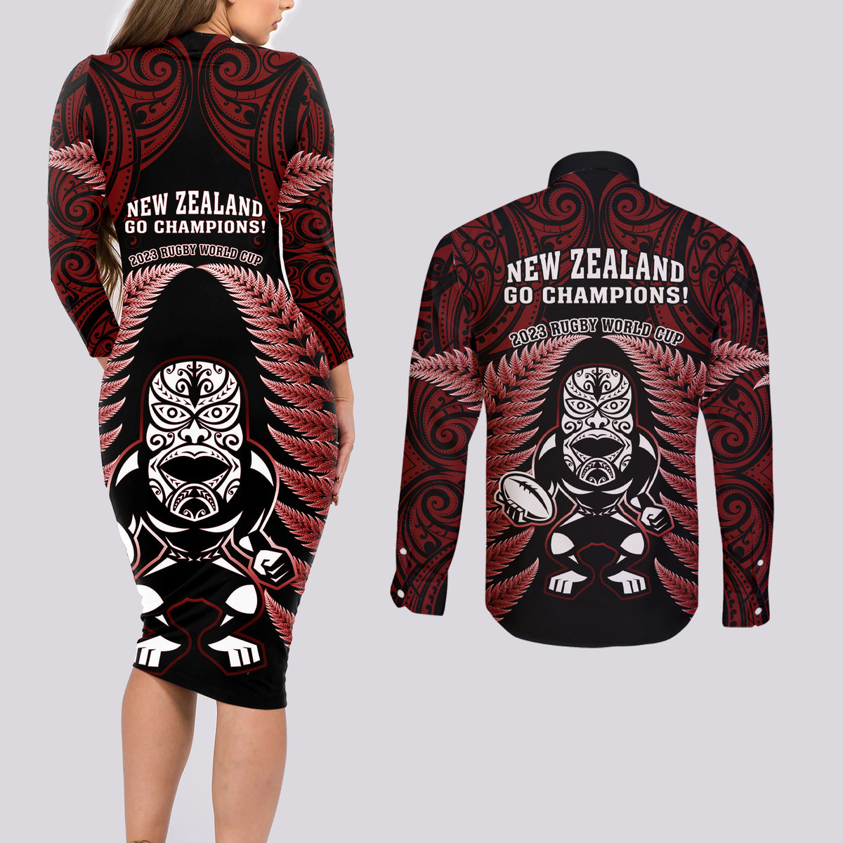 New Zealand Aotearoa Rugby Couples Matching Long Sleeve Bodycon Dress and Long Sleeve Button Shirts NZ Tiki With Maori Fern World Cup Red Version - Wonder Print Shop