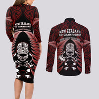 New Zealand Aotearoa Rugby Couples Matching Long Sleeve Bodycon Dress and Long Sleeve Button Shirts NZ Tiki With Maori Fern World Cup Red Version - Wonder Print Shop