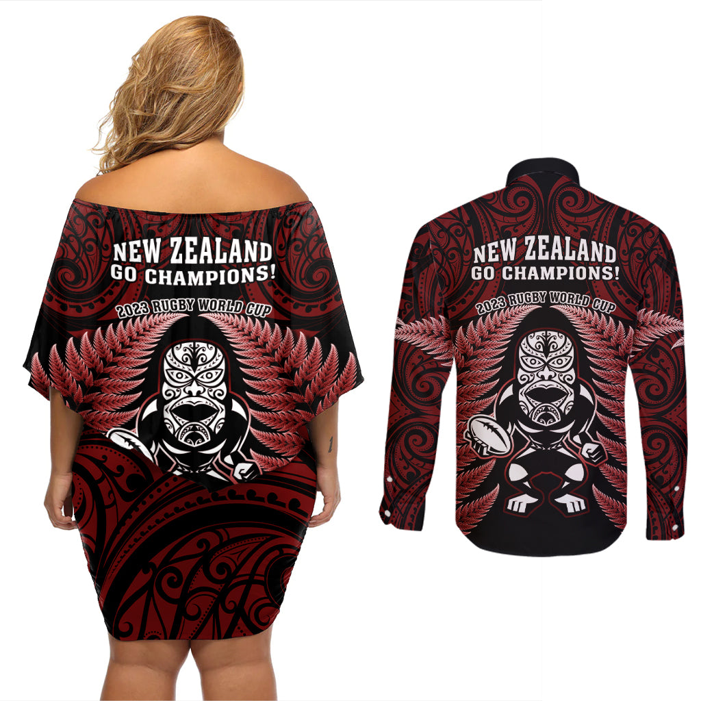 New Zealand Aotearoa Rugby Couples Matching Off Shoulder Short Dress and Long Sleeve Button Shirts NZ Tiki With Maori Fern World Cup Red Version - Wonder Print Shop