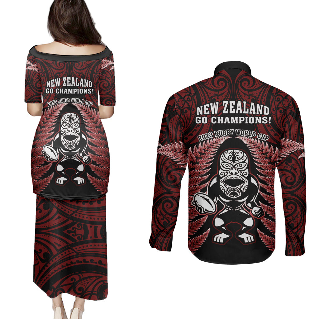 New Zealand Aotearoa Rugby Couples Matching Puletasi Dress and Long Sleeve Button Shirts NZ Tiki With Maori Fern World Cup Red Version - Wonder Print Shop