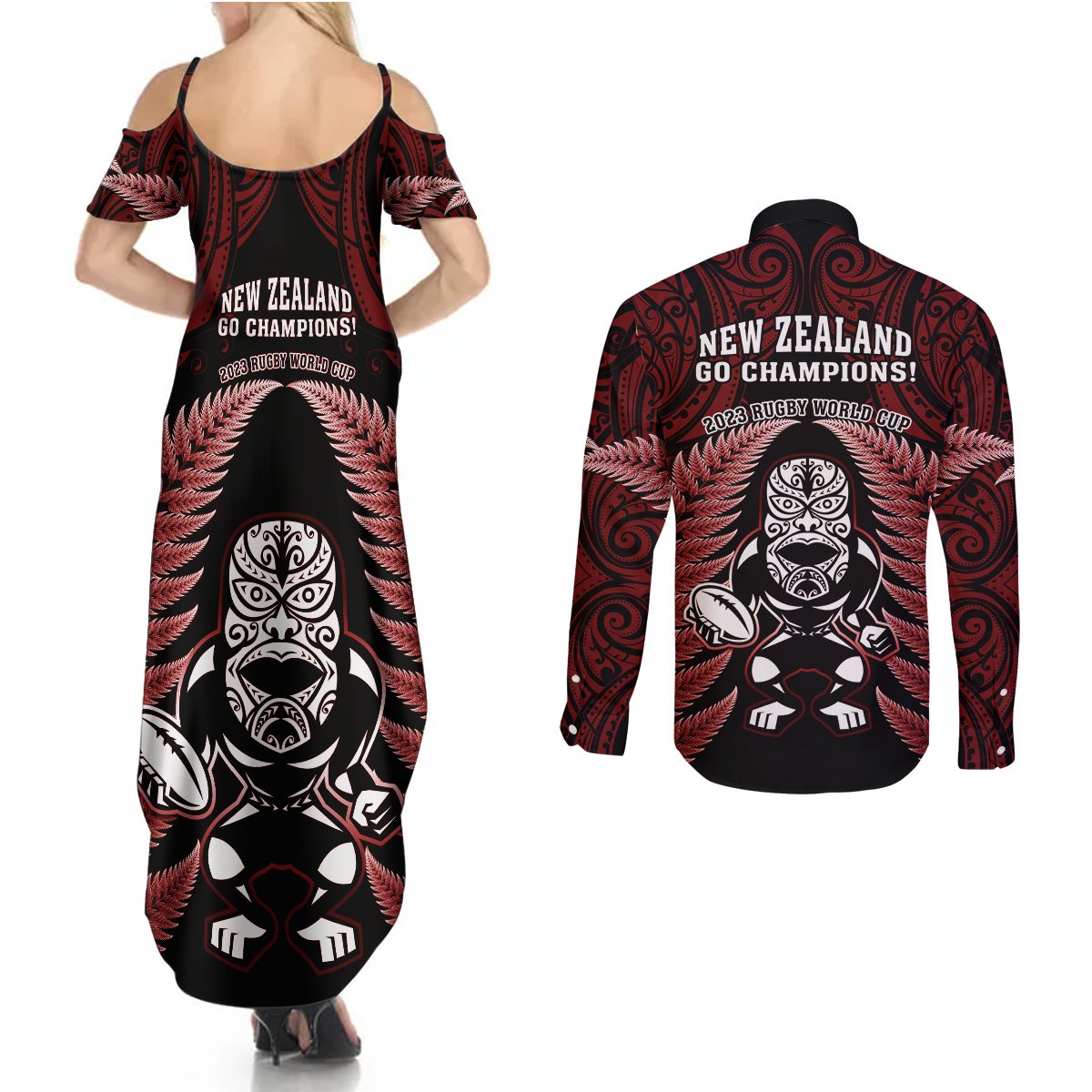 New Zealand Aotearoa Rugby Couples Matching Summer Maxi Dress and Long Sleeve Button Shirts NZ Tiki With Maori Fern World Cup Red Version - Wonder Print Shop
