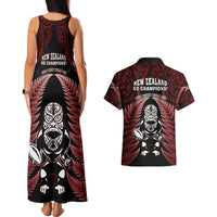 New Zealand Aotearoa Rugby Couples Matching Tank Maxi Dress and Hawaiian Shirt NZ Tiki With Maori Fern World Cup Red Version - Wonder Print Shop