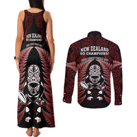 New Zealand Aotearoa Rugby Couples Matching Tank Maxi Dress and Long Sleeve Button Shirts NZ Tiki With Maori Fern World Cup Red Version - Wonder Print Shop