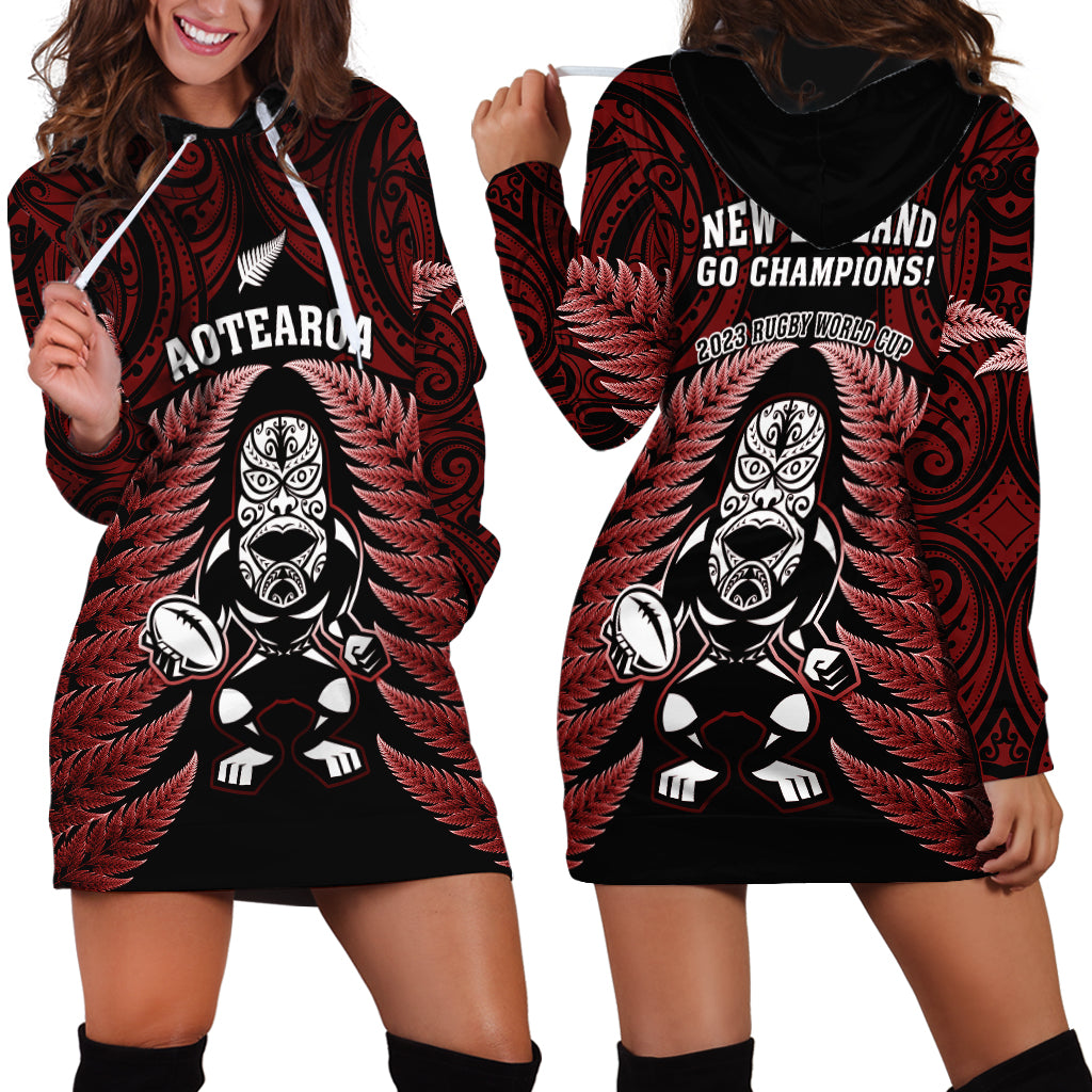 New Zealand Aotearoa Rugby Hoodie Dress NZ Tiki With Maori Fern World Cup Red Version - Wonder Print Shop