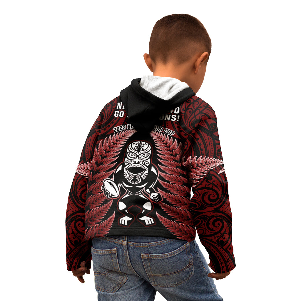 New Zealand Aotearoa Rugby Kid Hoodie NZ Tiki With Maori Fern World Cup Red Version - Wonder Print Shop