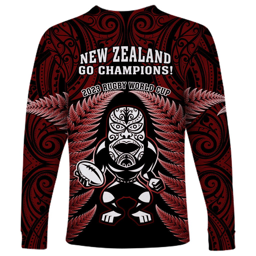 New Zealand Aotearoa Rugby Long Sleeve Shirt NZ Tiki With Maori Fern World Cup Red Version - Wonder Print Shop