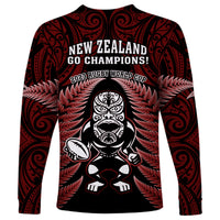 New Zealand Aotearoa Rugby Long Sleeve Shirt NZ Tiki With Maori Fern World Cup Red Version - Wonder Print Shop