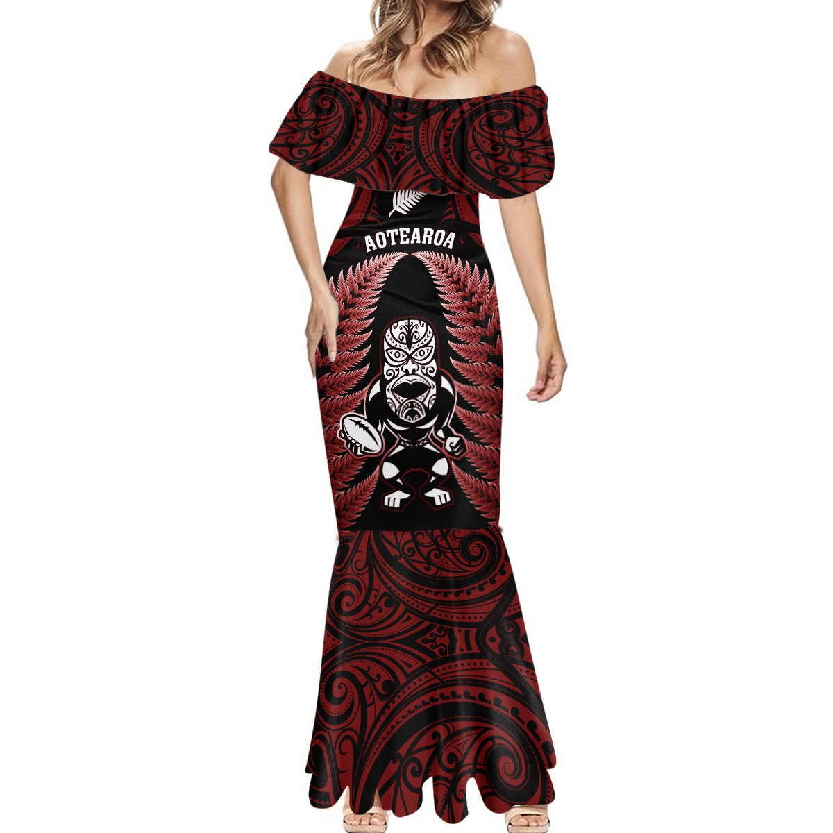 New Zealand Aotearoa Rugby Mermaid Dress NZ Tiki With Maori Fern World Cup Red Version - Wonder Print Shop