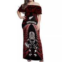New Zealand Aotearoa Rugby Off Shoulder Maxi Dress NZ Tiki With Maori Fern World Cup Red Version - Wonder Print Shop