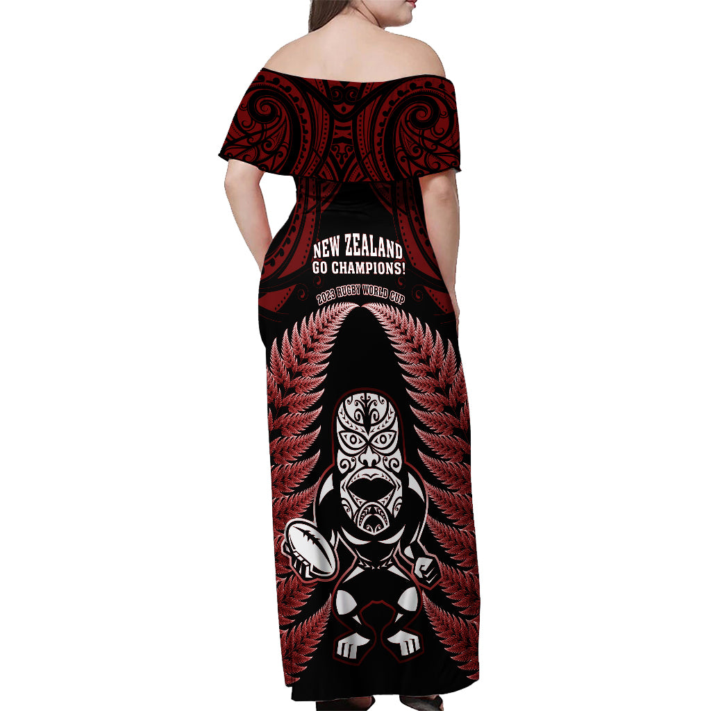 New Zealand Aotearoa Rugby Off Shoulder Maxi Dress NZ Tiki With Maori Fern World Cup Red Version - Wonder Print Shop