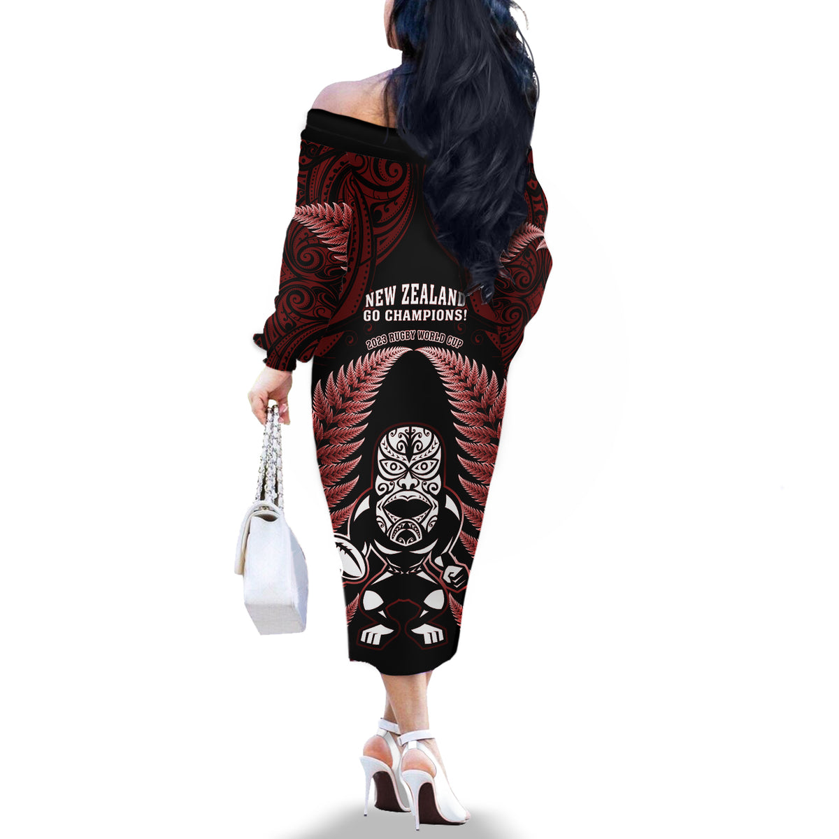 New Zealand Aotearoa Rugby Off The Shoulder Long Sleeve Dress NZ Tiki With Maori Fern World Cup Red Version - Wonder Print Shop