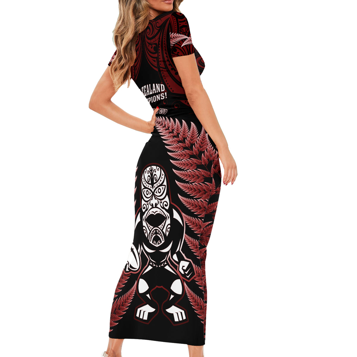 New Zealand Aotearoa Rugby Short Sleeve Bodycon Dress NZ Tiki With Maori Fern World Cup Red Version - Wonder Print Shop