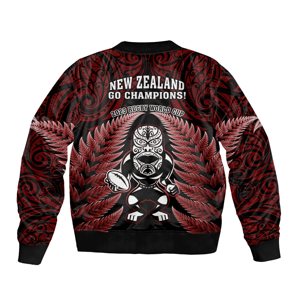 New Zealand Aotearoa Rugby Sleeve Zip Bomber Jacket NZ Tiki With Maori Fern World Cup Red Version - Wonder Print Shop