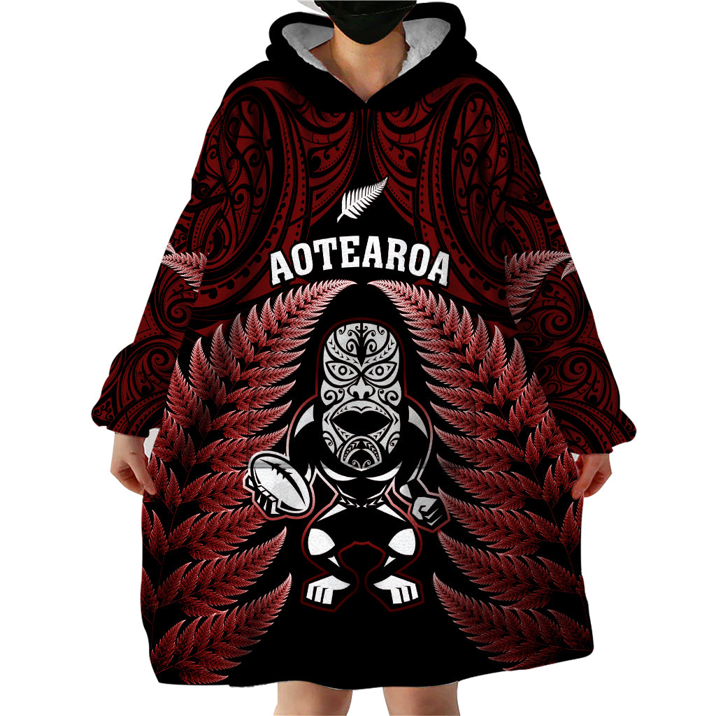 New Zealand Aotearoa Rugby Wearable Blanket Hoodie NZ Tiki With Maori Fern World Cup Red Version - Wonder Print Shop