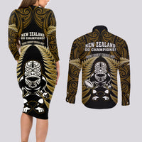 New Zealand Aotearoa Rugby Couples Matching Long Sleeve Bodycon Dress and Long Sleeve Button Shirts NZ Tiki With Maori Fern World Cup Gold Version - Wonder Print Shop