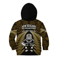 New Zealand Aotearoa Rugby Kid Hoodie NZ Tiki With Maori Fern World Cup Gold Version - Wonder Print Shop