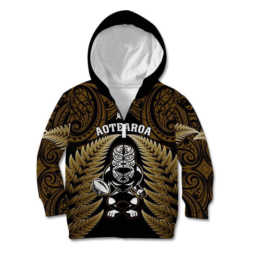 New Zealand Aotearoa Rugby Kid Hoodie NZ Tiki With Maori Fern World Cup Gold Version - Wonder Print Shop