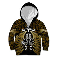 New Zealand Aotearoa Rugby Kid Hoodie NZ Tiki With Maori Fern World Cup Gold Version - Wonder Print Shop