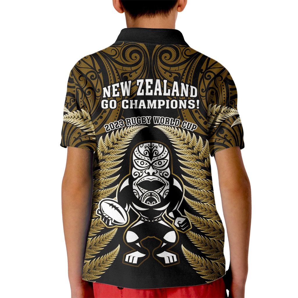 New Zealand Aotearoa Rugby Kid Polo Shirt NZ Tiki With Maori Fern World Cup Gold Version - Wonder Print Shop