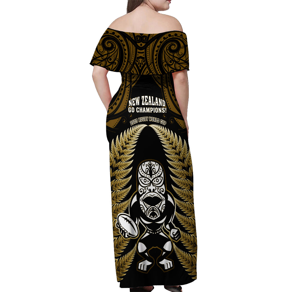 New Zealand Aotearoa Rugby Off Shoulder Maxi Dress NZ Tiki With Maori Fern World Cup Gold Version - Wonder Print Shop