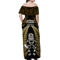 New Zealand Aotearoa Rugby Off Shoulder Maxi Dress NZ Tiki With Maori Fern World Cup Gold Version - Wonder Print Shop