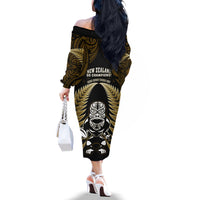 New Zealand Aotearoa Rugby Off The Shoulder Long Sleeve Dress NZ Tiki With Maori Fern World Cup Gold Version - Wonder Print Shop