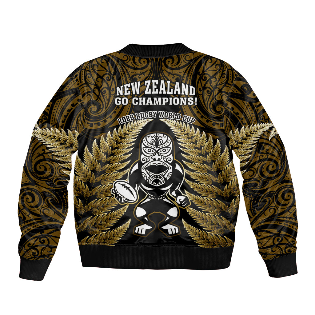 New Zealand Aotearoa Rugby Sleeve Zip Bomber Jacket NZ Tiki With Maori Fern World Cup Gold Version - Wonder Print Shop