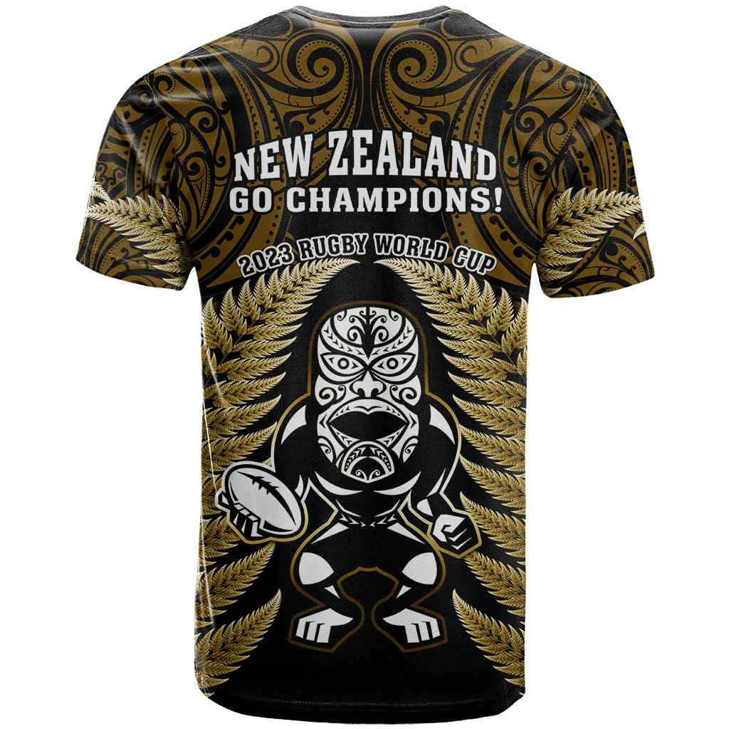 New Zealand Aotearoa Rugby T Shirt NZ Tiki With Maori Fern World Cup Gold Version - Wonder Print Shop