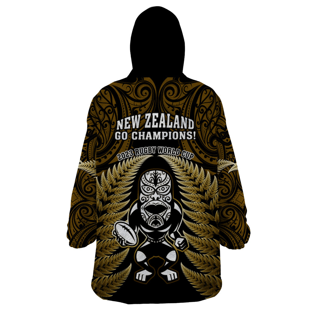 New Zealand Aotearoa Rugby Wearable Blanket Hoodie NZ Tiki With Maori Fern World Cup Gold Version - Wonder Print Shop