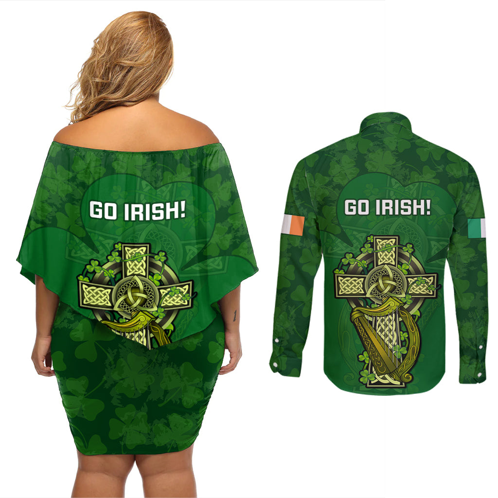 Ireland Rugby Couples Matching Off Shoulder Short Dress and Long Sleeve Button Shirts 2023 Word Cup Celtic Cross Go Champions Irish - Wonder Print Shop
