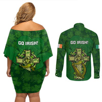 Ireland Rugby Couples Matching Off Shoulder Short Dress and Long Sleeve Button Shirts 2023 Word Cup Celtic Cross Go Champions Irish - Wonder Print Shop