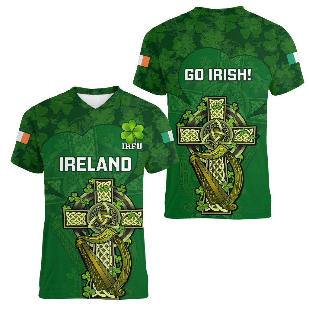 Ireland Rugby Women V Neck T Shirt 2023 Word Cup Celtic Cross Go Champions Irish - Wonder Print Shop