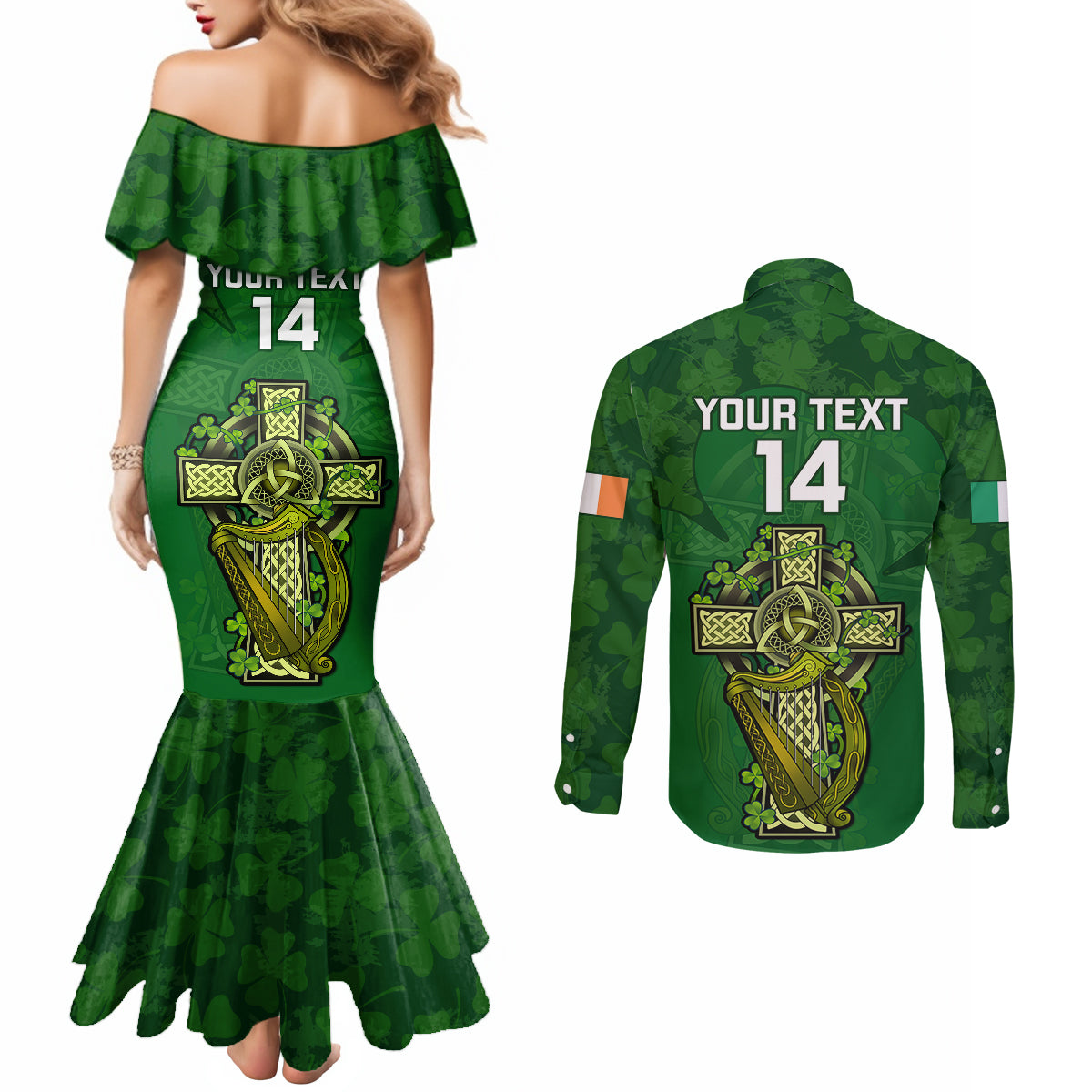 custom-ireland-rugby-couples-matching-mermaid-dress-and-long-sleeve-button-shirts-2023-word-cup-celtic-cross-go-champions-irish