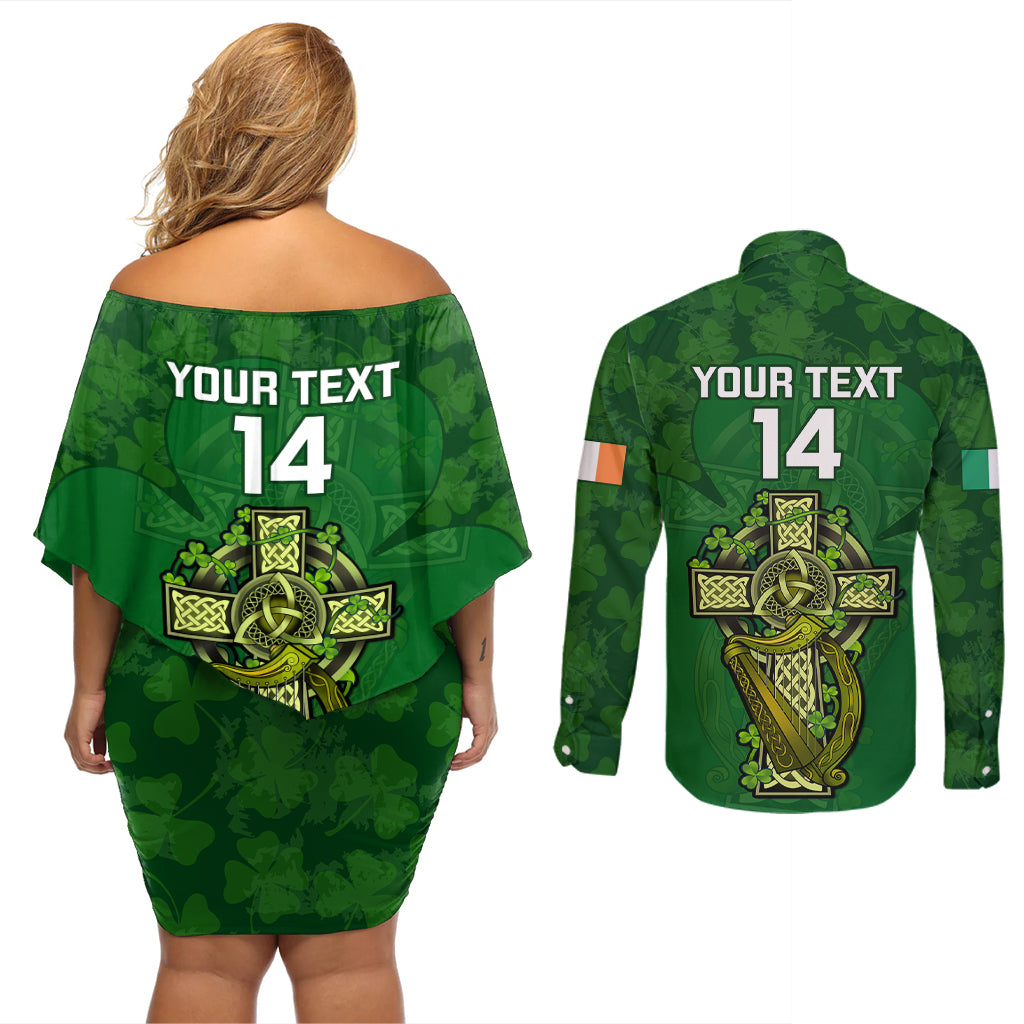 Custom Ireland Rugby Couples Matching Off Shoulder Short Dress and Long Sleeve Button Shirts 2023 Word Cup Celtic Cross Go Champions Irish - Wonder Print Shop
