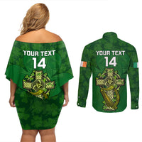 Custom Ireland Rugby Couples Matching Off Shoulder Short Dress and Long Sleeve Button Shirts 2023 Word Cup Celtic Cross Go Champions Irish - Wonder Print Shop