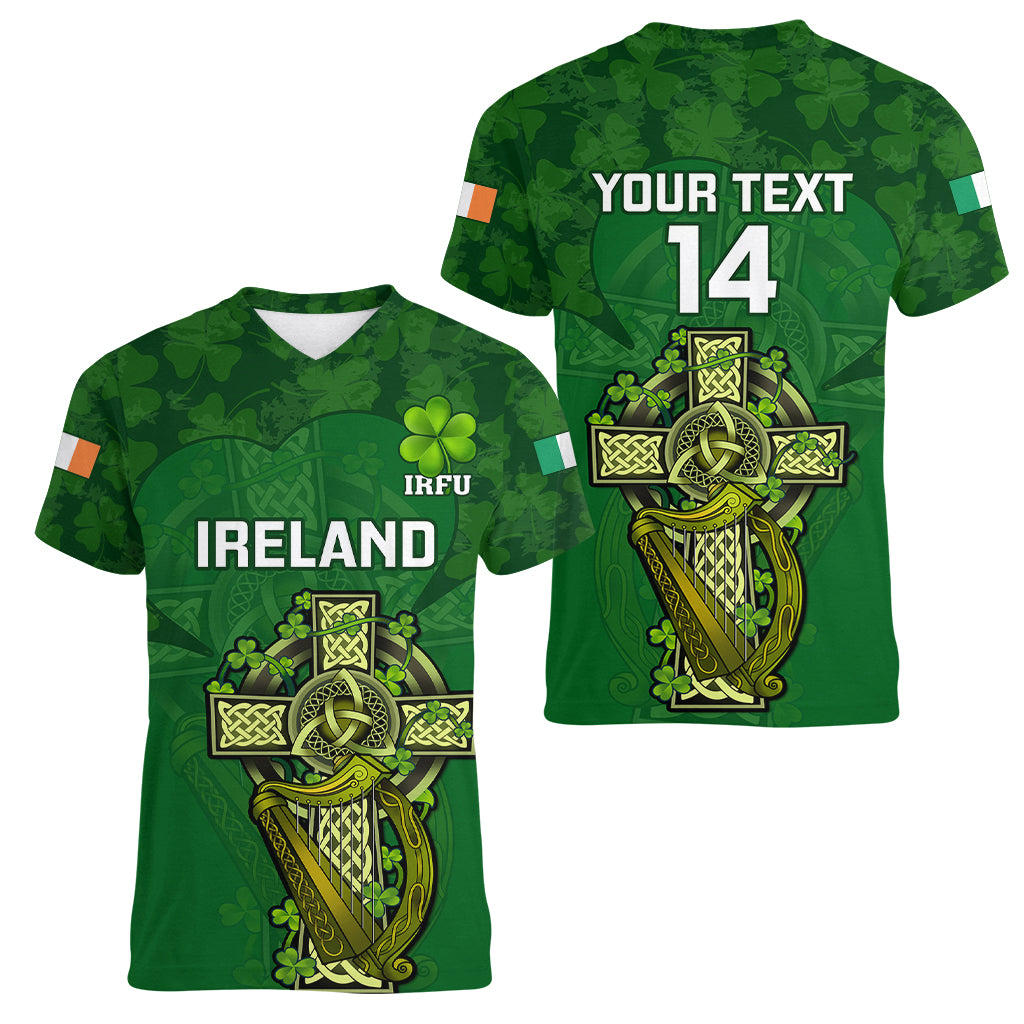 Custom Ireland Rugby Women V Neck T Shirt 2023 Word Cup Celtic Cross Go Champions Irish - Wonder Print Shop